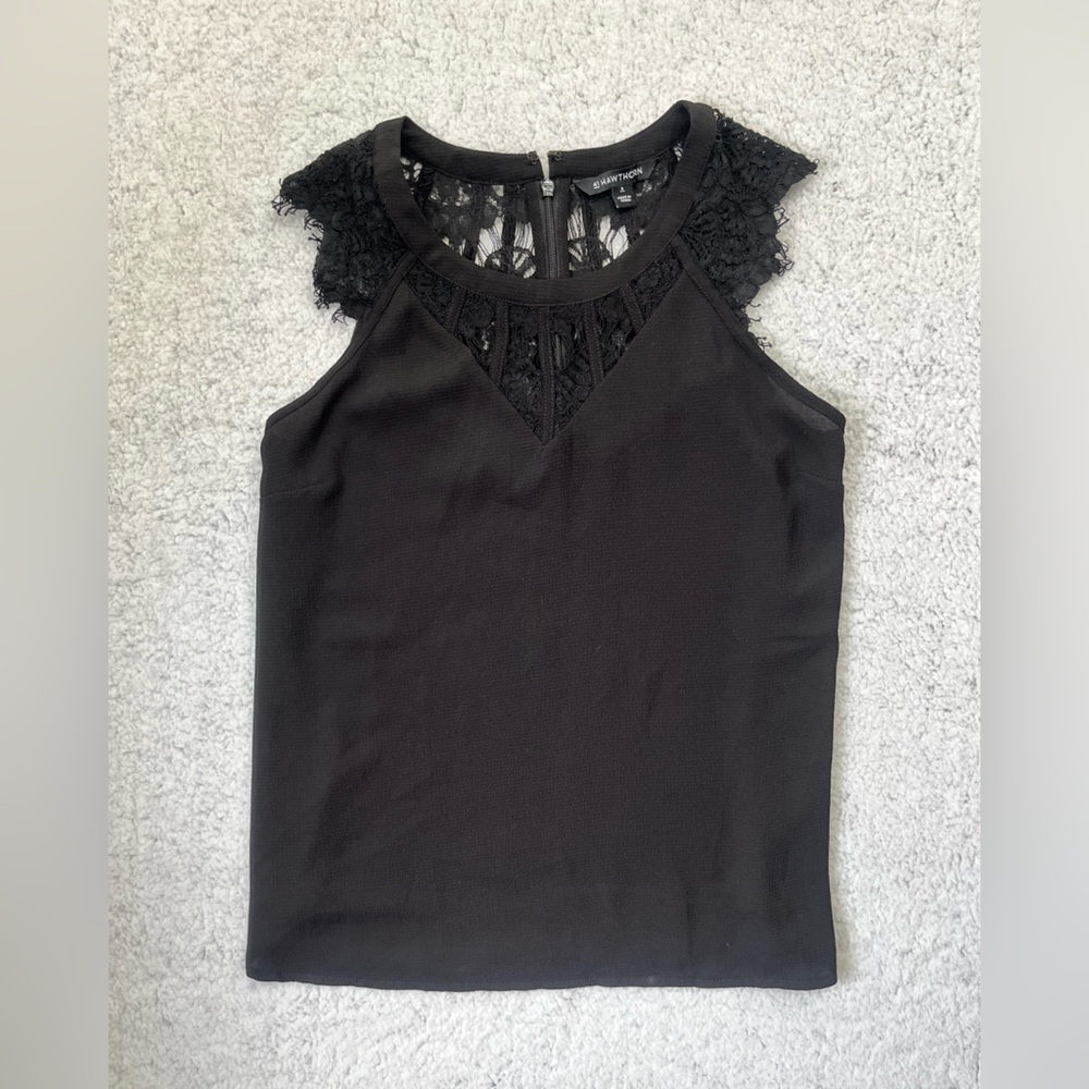 Women's 41 Hawthorn Black Jarred Lace Detail Cap-Sleeve Blouse Size S